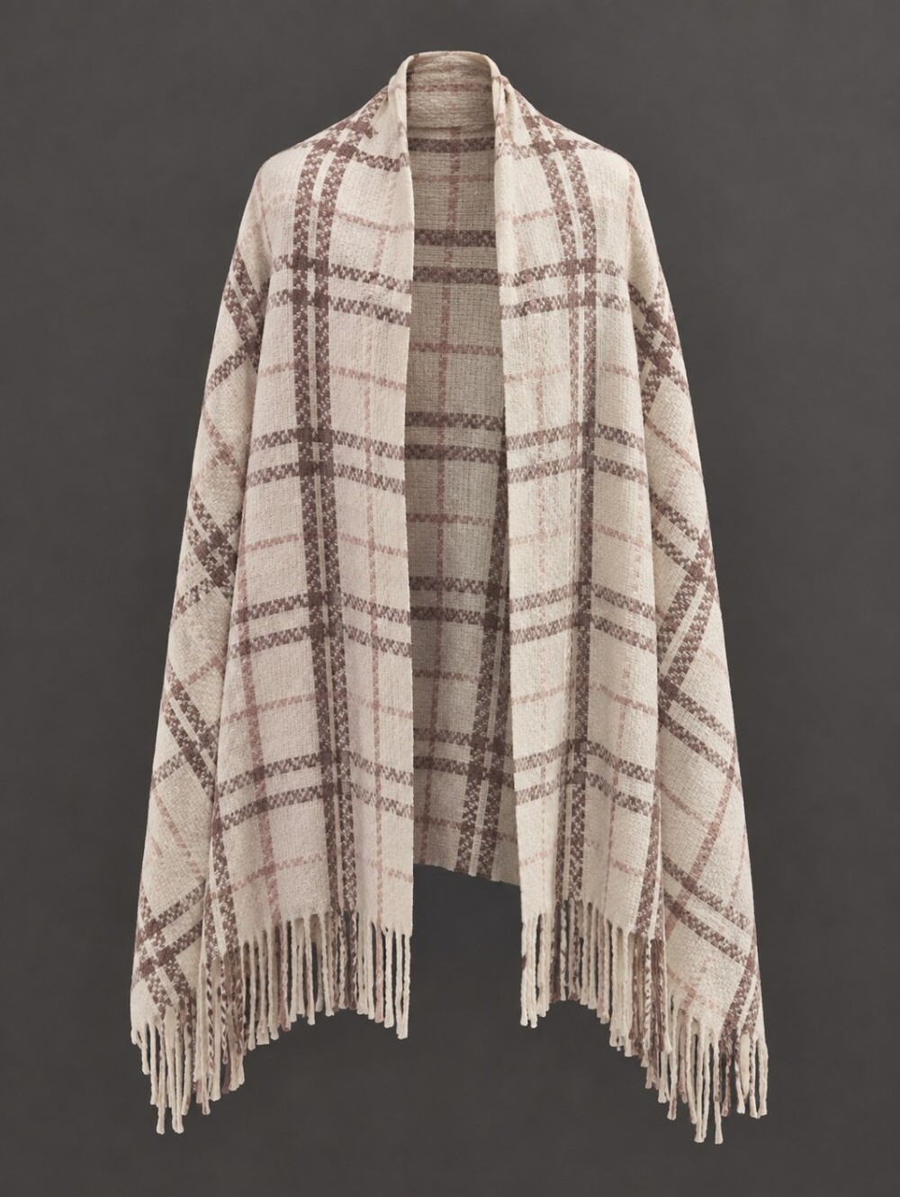 Cozy Plaid Fringe Wrap - Cream and Taupe